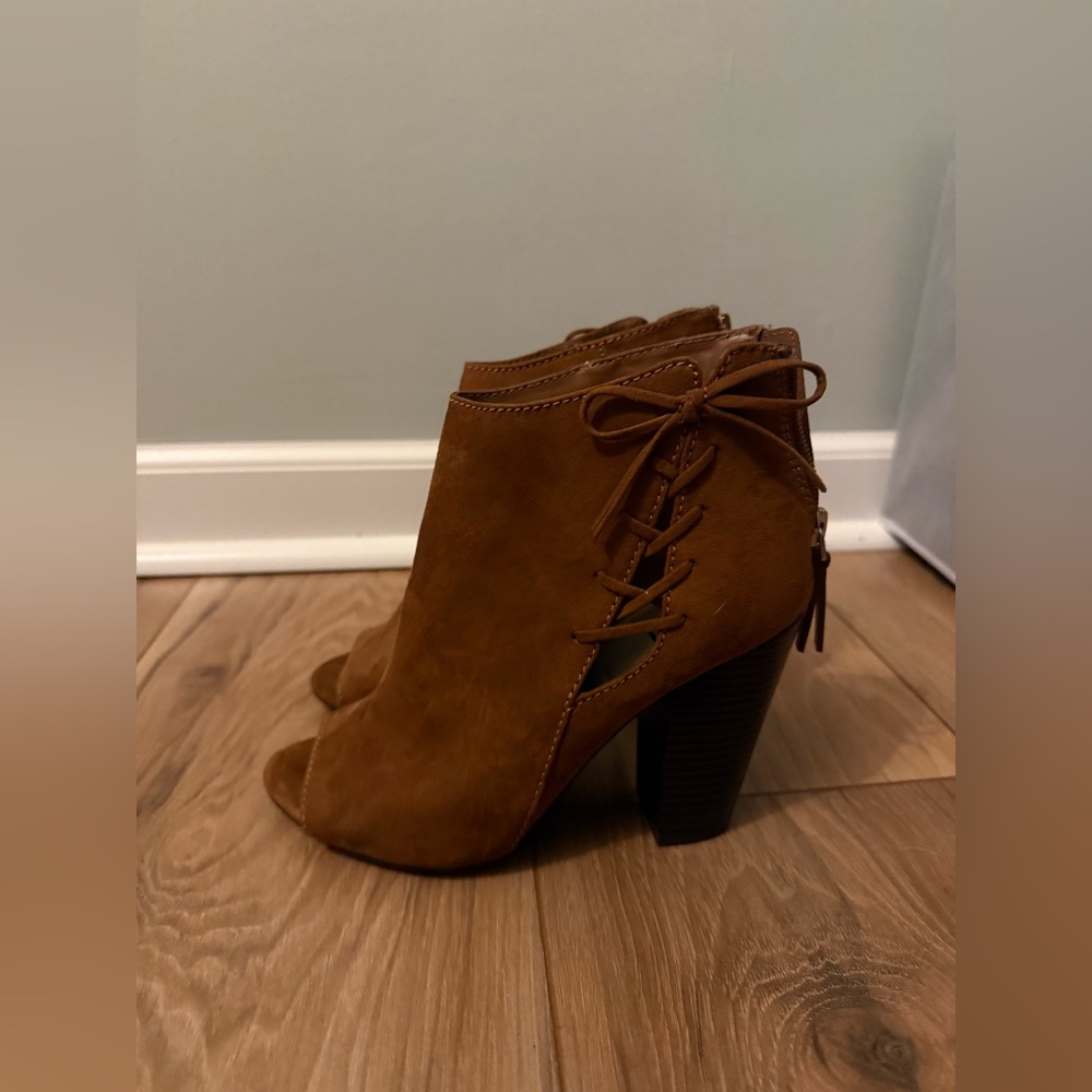 A.N.A. "A New Approach" Cognac Suede Open Toe Heels - Picture 2 of 9
